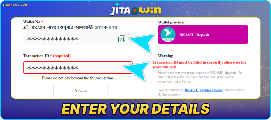 Enter deposit details in JitaWin BD